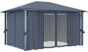 Gazebo c/ cortinas e cordões luzes LED 4x3 m alumínio antracite