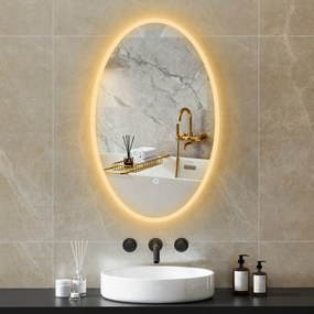 Espelho de casa de banho com iluminação, 80 x 50 cm, espelho LED oval, antiembaciamento, 3 cores de luz, intensidade regulável, transparente