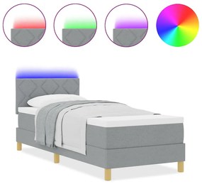 Cama Box Spring com Colchão &amp; LED Cinza Claro 80x200 cm Tecido
