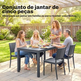 Conjunto de Mesa e Cadeiras de Jardim com Mesa de Ripas e 4 Cadeiras Empilháveis para Terraço ou Pátio Cinza