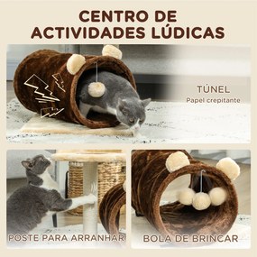 Arranhador para Gatos com Túnel Cama Plataforma Bola Suspensa e Poste de Juta 45x40x47 cm Castanho escuro