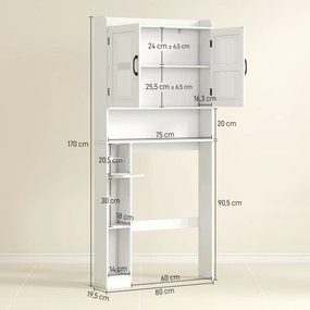 Armário sobre Sanita com Prateleira Ajustável 2 Portas Suporte para Papel Higiênico Armário para Máquina de Lavar 80x19,5x170 cm Branco