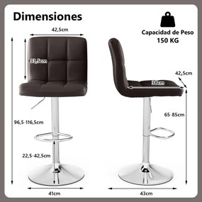 Conjunto de 2 bancos de couro sintético com assento giratório de altura ajustável 360°, apoio para os pés e cadeira de jantar com base metálica Castan