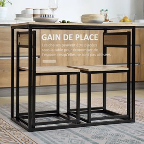 Conjunto de mesa e cadeiras de sala de jantar - Conjunto de 1 mesa + 2 cadeiras encaixáveis para cozinha - metal preto com acabamento em carvalho clar