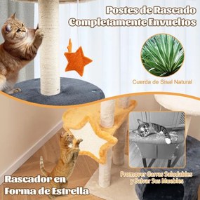 Arranhador para gatos de 128 cm de vários níveis Brinquedos de peluche Bege + Cinzento escuro + Laranja