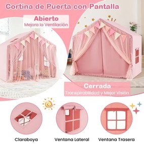Tenda infantil com 2 cortinas de tecido e rede, luzes de estrelas, 2 janelas respiráveis e almofada de algodão rosa