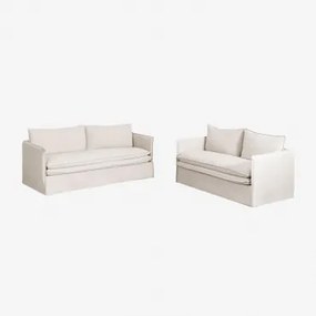 Conjunto De Sala De Estar Com Sofá De 2 Lugares E Sofás De 3 Lugares Em Linho E Algodão Grace Tecido Beige - Sklum