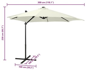 Guarda-sol jardim cantilever c/ poste e luzes LED 300 cm areia