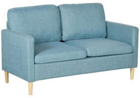 Sofá de 2 Lugares Estofado em Poliéster com 2 Bolsos Laterais Apoio para os Braços e Pés de Madeira 143x76x83 cm Azul