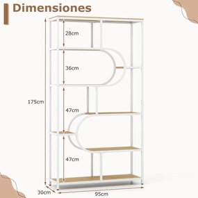 Estante de 8 prateleiras abertas 95 x 30 x 175 cm Design em forma de U Estrutura metálica natural e branco
