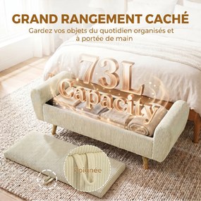 Banco com espaço de arrumação de 73 L, 150 x 45 x 51 cm baú de arrumação almofadado em veludo canelado com braços e pés em madeira de seringueira, beg