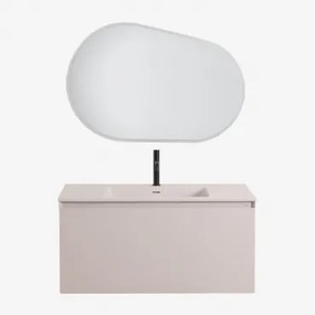 Conjunto De Móvel De Casa De Banho Suspenso Em Madeira Com Lavatório Integrado Macrae Crema Linho & Oval Led E Anti-embaciamento 100x80 Cm Riben & Pre