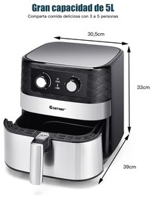 Fritadeira eléctrica a Ar Sem Óleo de 5 L 1700 W com temporizador e cesto de controlo de temperatura sem colar 30,5 x 39 x 33 cm Preto