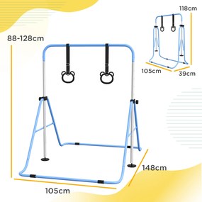 Barra de Ginástica para Crianças com Altura Ajustável em 5 Níveis Anéis e Dobrável 148x105x88-128 cm Azul