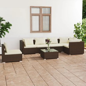 vidaXL 7 pcs conjunto lounge jardim c/ almofadões vime PE castanho