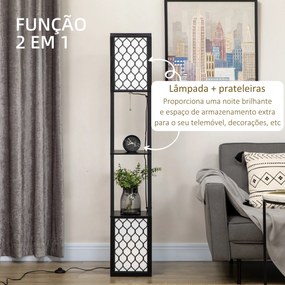 Candeeiro de Pé de Madeira Candeeiro de Pé com Estantes Lâmpada E27 Máx. 40W com Interruptor para Sala de Estar Dormitório Escritório 26x26x156cm Pret