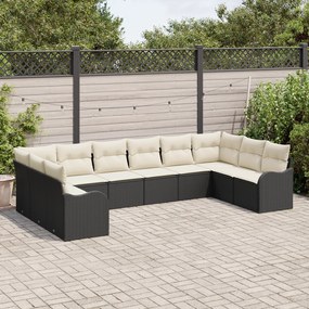 Conjunto de Sofá de Jardim com 10 Peças e Almofadas Preto Polirattan
