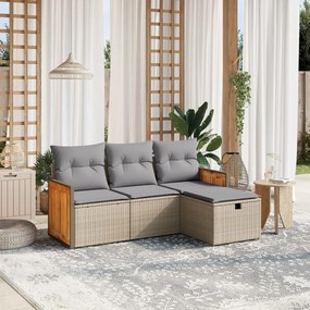 4 pcs conj. sofás jardim c/ almofadões vime PE bege misturado