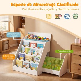 Estante de madeira para crianças 63 x 49 x 61,5 cm  com 4 níveis, prateleiras abertas, gaveta com rodas e caixa com tampa para sala de jogos, cor made