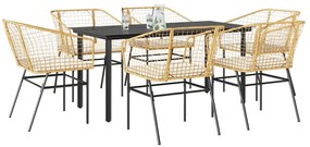 Conjunto jantar jardim 7 peças almofadas vidro vime PE castanho