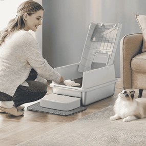 Caixa de areia para gatos em aço inoxidável com tampa e acessórios 60 x 40 x 38 cm cinzento claro