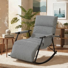 Poltrona Baloiço com Encosto e Apoia-Pés Ajustáveis 105° Estofada em Linho com Bolso Lateral e Estrutura de Metal Preto e Branco