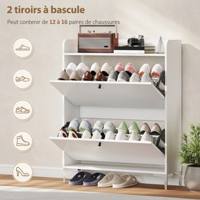 Sapateira com capacidade para 16 pares, com 2 gavetas rebatíveis e prateleiras ajustáveis, 80 x 24 x 101 cm, branco