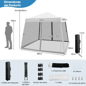 Tenda exterior dobrável instantânea de 3x3m com pernas inclinadas e paredes laterais ajustáveis com altura ajustável Branca