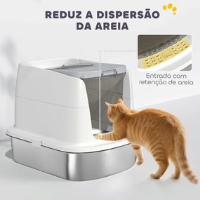 Caixa de Areia para Gatos em Aço Inoxidável L com Tampa Rebatível Pá Metálica Saco Desodorizante Fácil de Limpar Branco