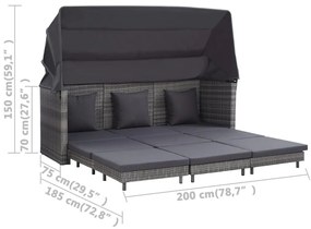 Espreguiçadeira extensível 3 lugares com toldo vime PE cinzento
