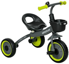 Triciclo para Crianças de 2 a 5 anos com Assento Ajustável Cesta Buzina e Pedais e 3 Rodas 70,5x53x58 cm Cinza e Verde