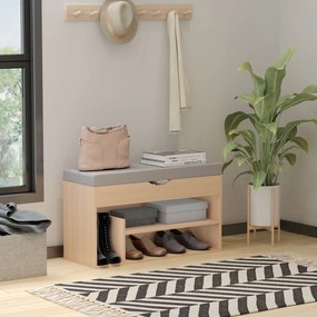 Banco para sapatos com 2 níveis de arrumação 80 (L) x 30 (P) x 48 (A) cm, compartimentos abertos + baú integrado com almofada bege-cinzenta