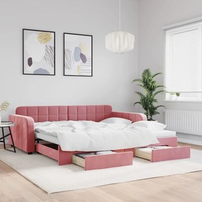Sofá-cama com gavetão e gavetas 100x200 cm veludo rosa