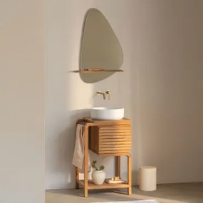Conjunto De Móvel De Casa De Banho Em Madeira De Teca Bradley Cerâmica Redonda Branca Ø40 Cm Lenka & Dourado Escovado, Embutido, Com Válvula De Escoam