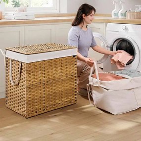 Cesto para roupa suja 66 x 40 x 61 cm em rattan sintético com 2 compartimentos, cor natural