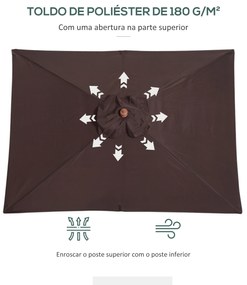 Chapéu de Sol de Jardim 200x150x230 cm Chapéu de Sol Retangular Inclinável com Polia Duplo Teto Castanho