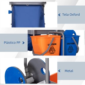 Carro de Limpeza Professional com Escorredor de Alavanca e 2 Baldes de 18L 111x63,3x103cm Cinza Azul e Laranja