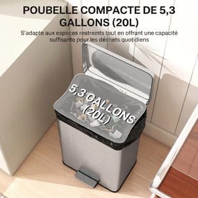 Caixote do lixo de cozinha de 20 L em aço inoxidável 34,2 x 30,6 x 44,2 cm, caixote do lixo com pedal, tampa com fecho suave, prateado