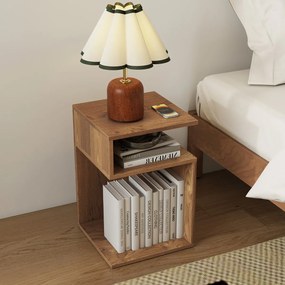 Mesa de cabeceira 33 x 33 x 50 cm em forma de S com 2 compartimentos abertos, castanho natural