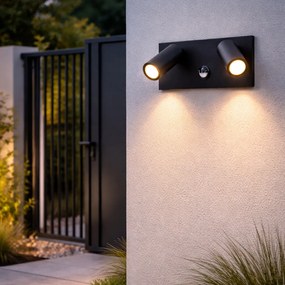 Candeeiro de parede exterior preto com LED sensor de movimento 2 luzes - Simon