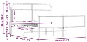 Estrutura de cama sem colchão 160x200cm metal carvalho sonoma