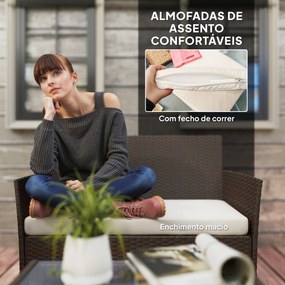 Conjunto de Jardim em Vime com Almofadas Móveis de Exterior com 2 Poltronas Sofá de 2 Lugares Mesa com Vidro Castanho e Bege