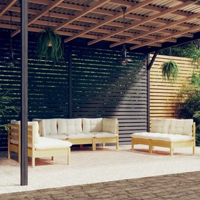 vidaXL 7 pcs conjunto lounge jardim c/ almofadões creme pinho maciço