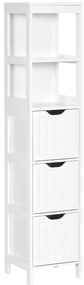 HOMCOM Armário Casa de Banho Estreito com 3 Gavetas e 2 Prateleiras Abertas Coluna de Casa de Banho Estilo Moderno para Sala Casa de Banho Cozinha 30x30x141,6 cm Branco
