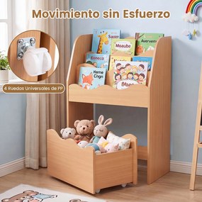 Estante Infantil para Brinquedos, 49,5 x 30 x 76 cm, Gaveta com Rodas Removível, Natural