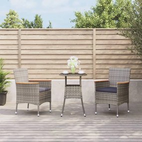 vidaXL 3 pcs conjunto bistrô de jardim c/ almofadões vime PE cinza