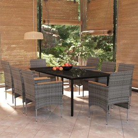vidaXL 9 pcs conjunto de jantar para jardim c/ almofadões cinza/preto