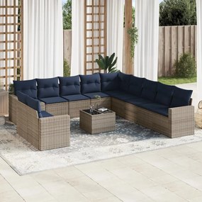 vidaXL 12 pcs conjunto sofás p/ jardim c/ almofadões vime PE cinzento