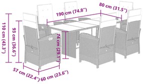 7 pcs conj. jantar p/ jardim c/ almofadões vime PE cinza-claro