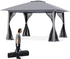 Pergula dobrável 394 x 394 cm, portátil com teto duplo e rede, bolsa de transporte, abrigo solar de montagem rápida e instantânea, cinzenta